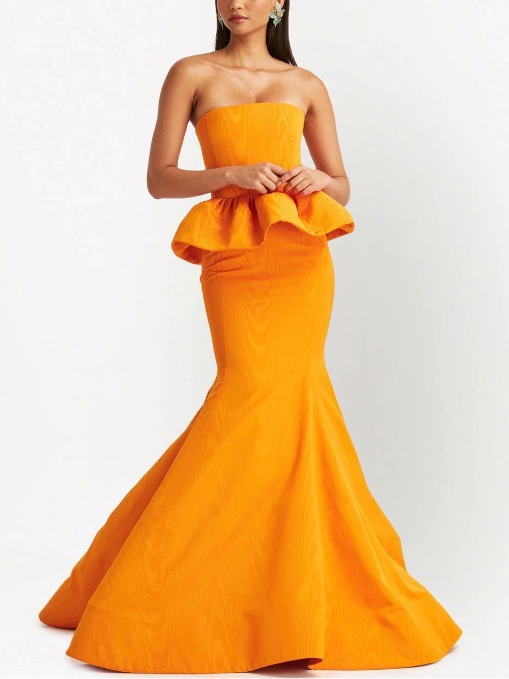 Oscar de la Renta Strapless Orange Peplum Faille Maurielle Gown
